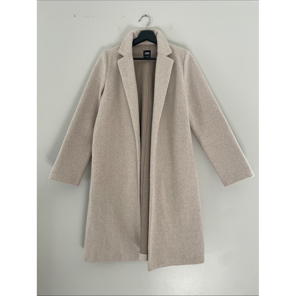Zara Coat Oatmeal Beige Soft Marl Open Front Medium Longline Minimalist Jacket - Picture 14 of 15